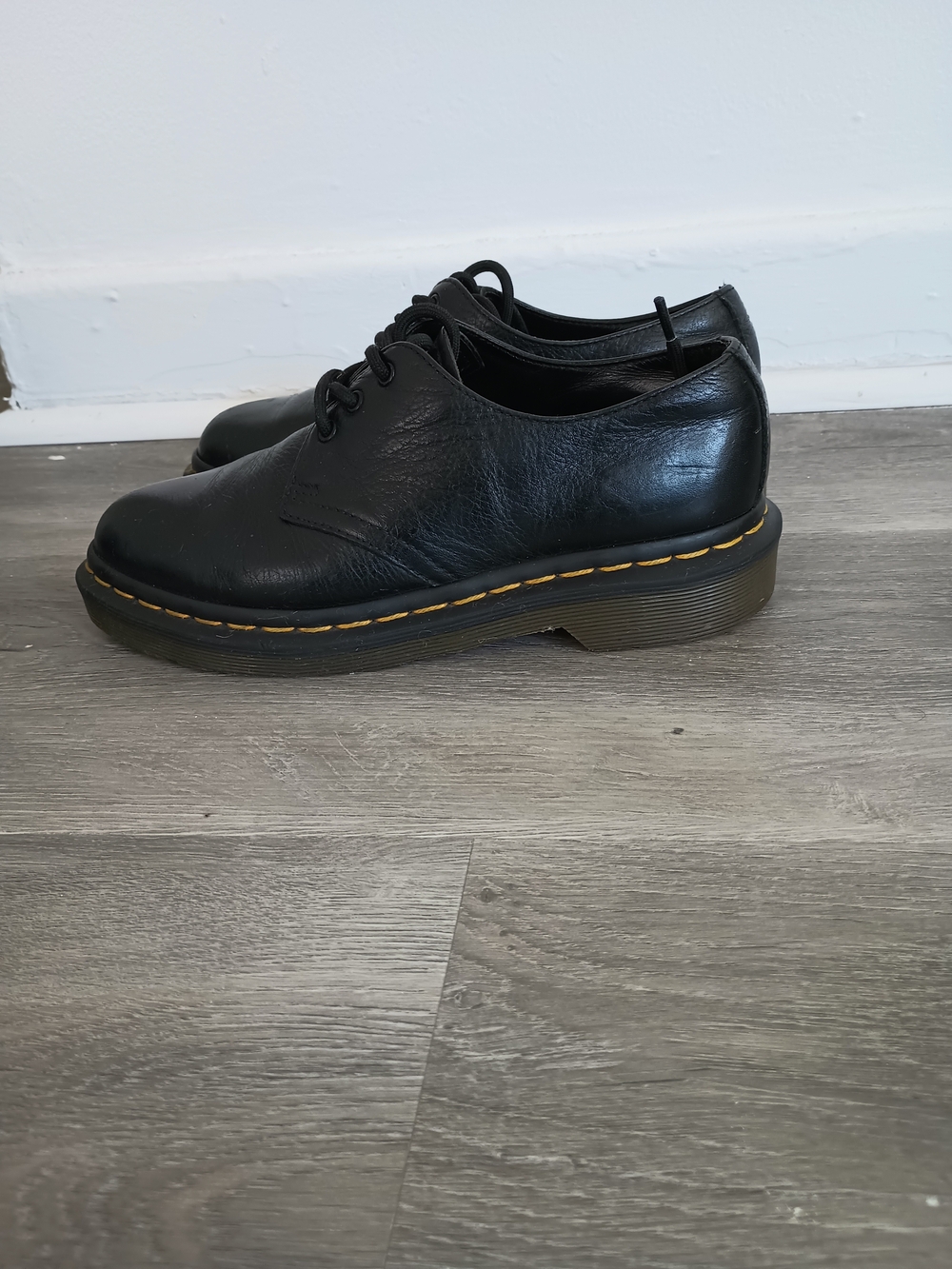 Dr. Martens Black Leather Derby with Yellow Welt Stitching Size 5